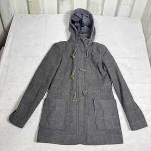 Merona Womens Duffle Overcoat Gray Plaid Lined Hooded Toggles Front Outdoor S